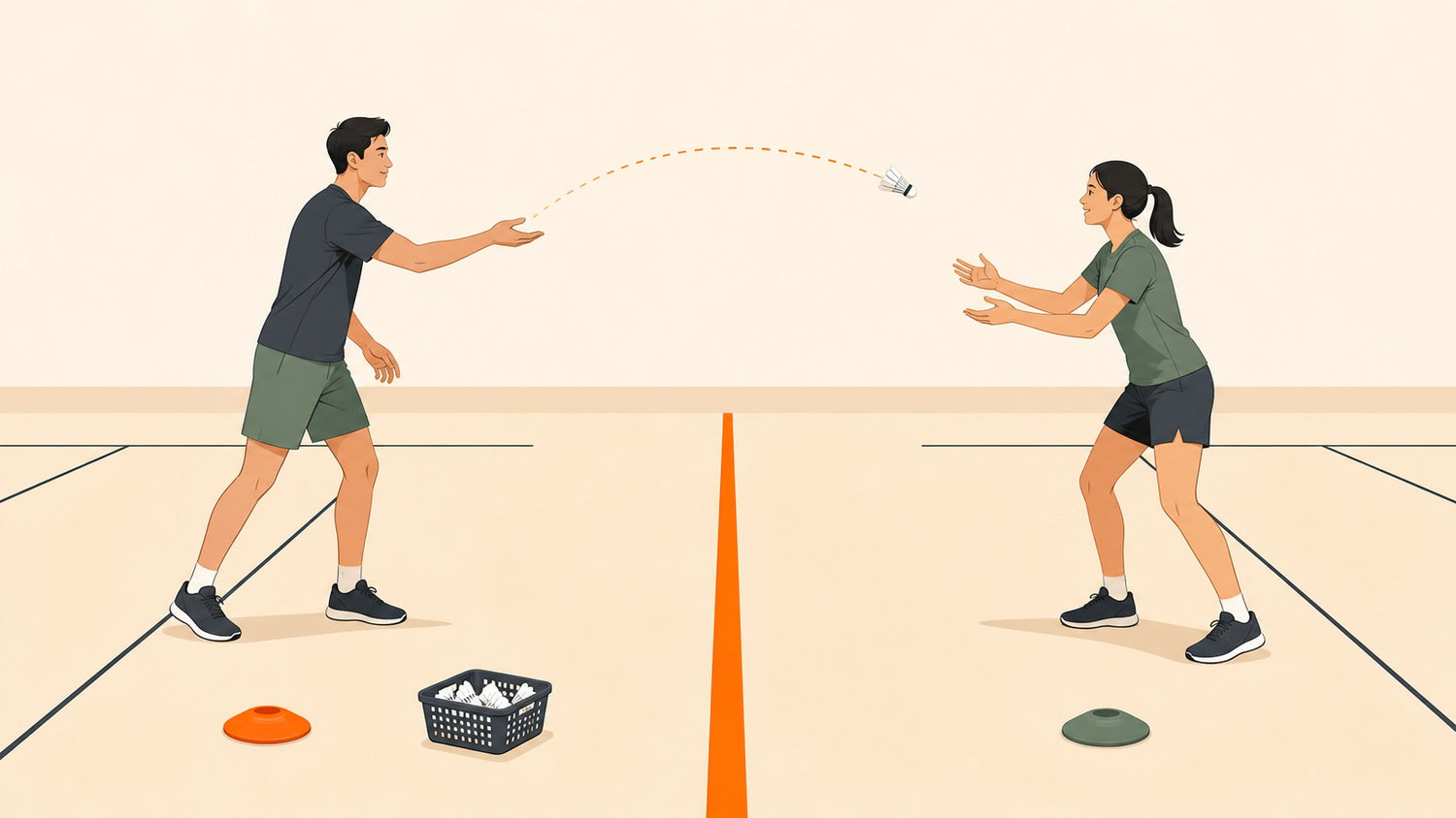 Illustration éditoriale à plat de deux personnes adultes échangeant un volant à la main de part et d’autre d’une limite orange au sol dans un gymnase intérieur sans filet