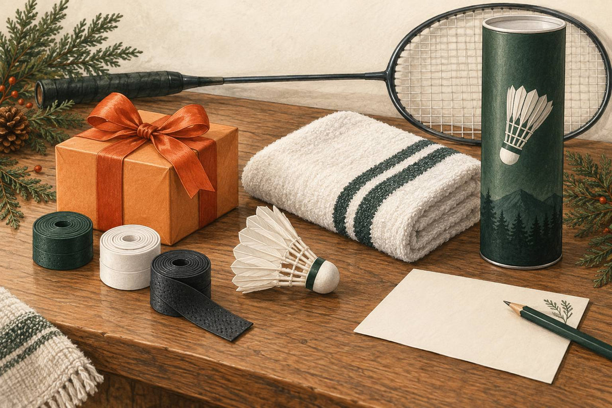 Editorial badminton gift bundle with grips, towel and shuttles.