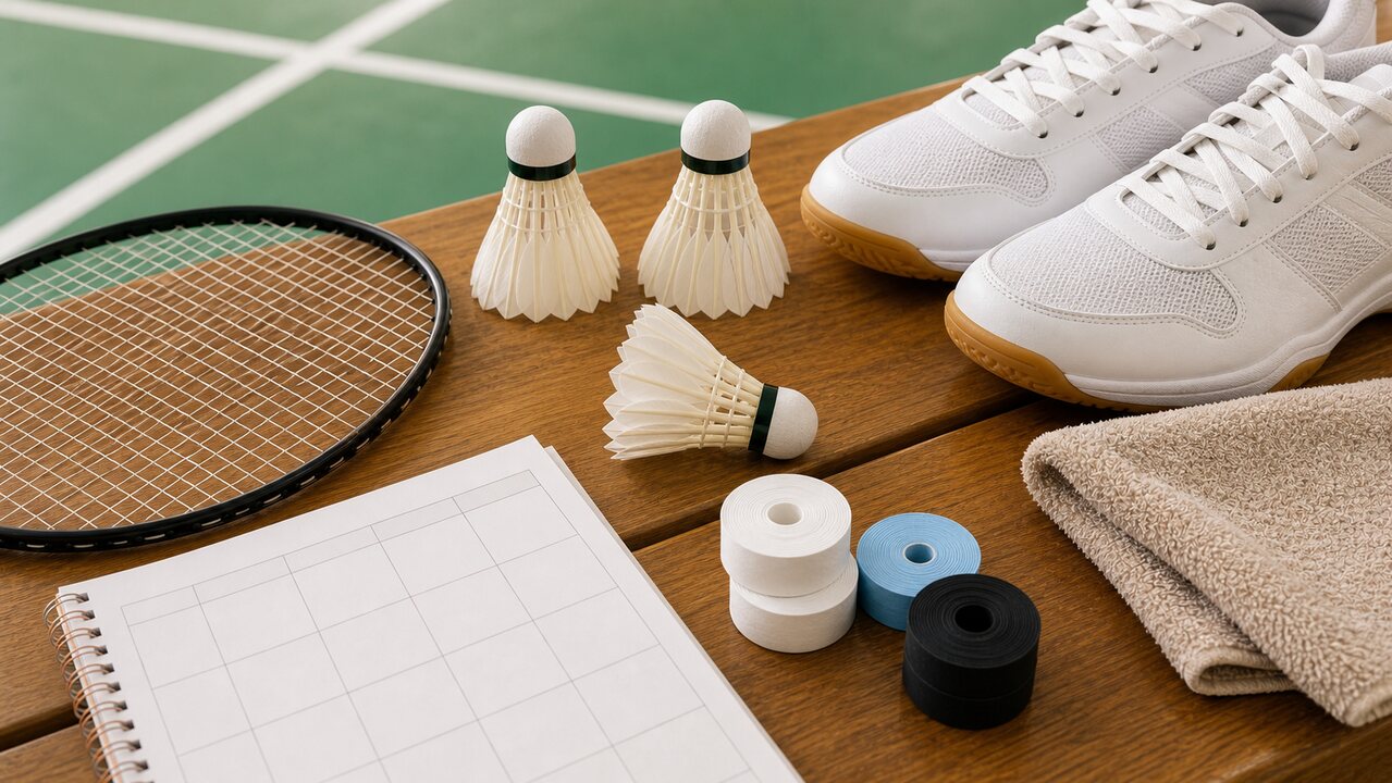 Badminton racket, grips, shoes, shuttlecocks, towel, and maintenance calendar arranged on an indoor court bench.