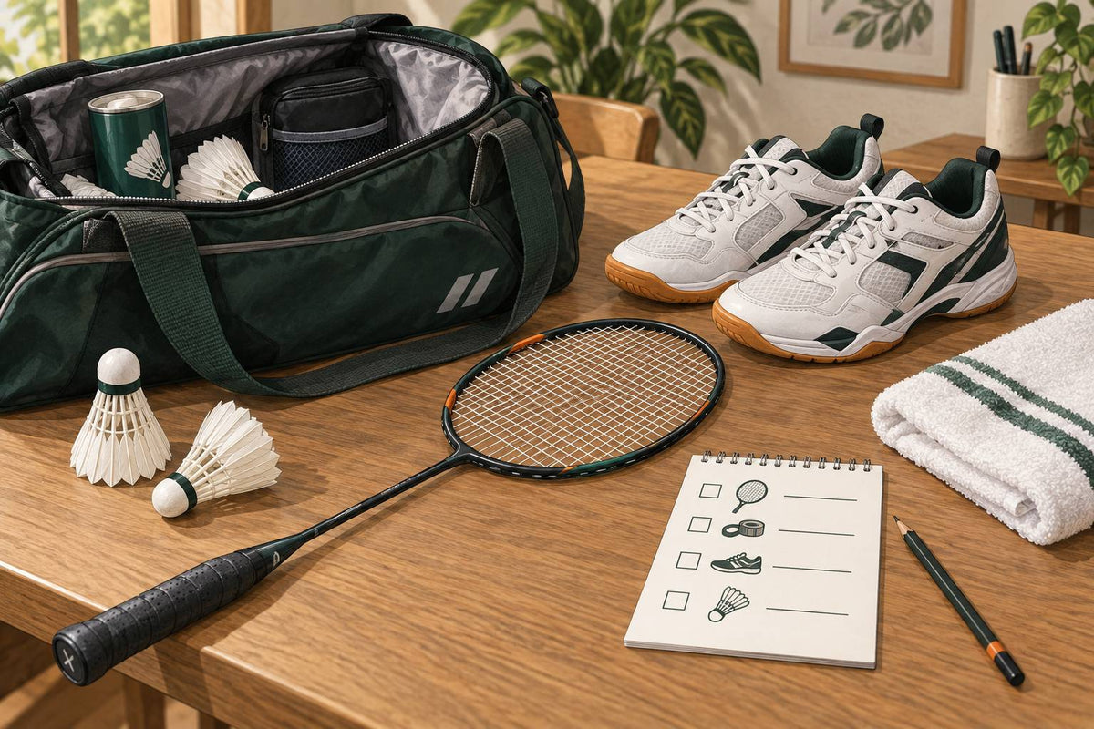 Editorial badminton maintenance setup with a condition checklist.