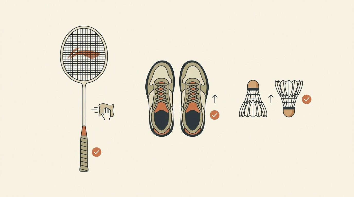 Badminton racket, grips, shoes, shuttlecocks, towel, and maintenance calendar arranged on an indoor court bench.