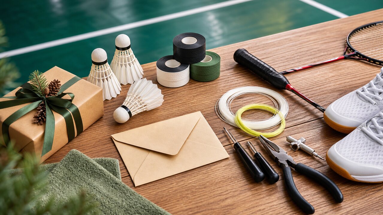 Badminton gift flatlay with racket handle, shuttlecocks, grips, towel, court shoes, and wrapped package.
