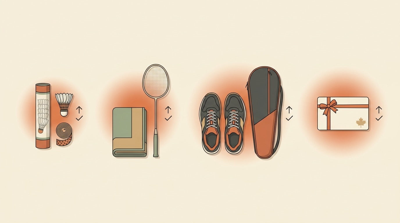 Badminton gift flatlay with racket handle, shuttlecocks, grips, towel, court shoes, and wrapped package.