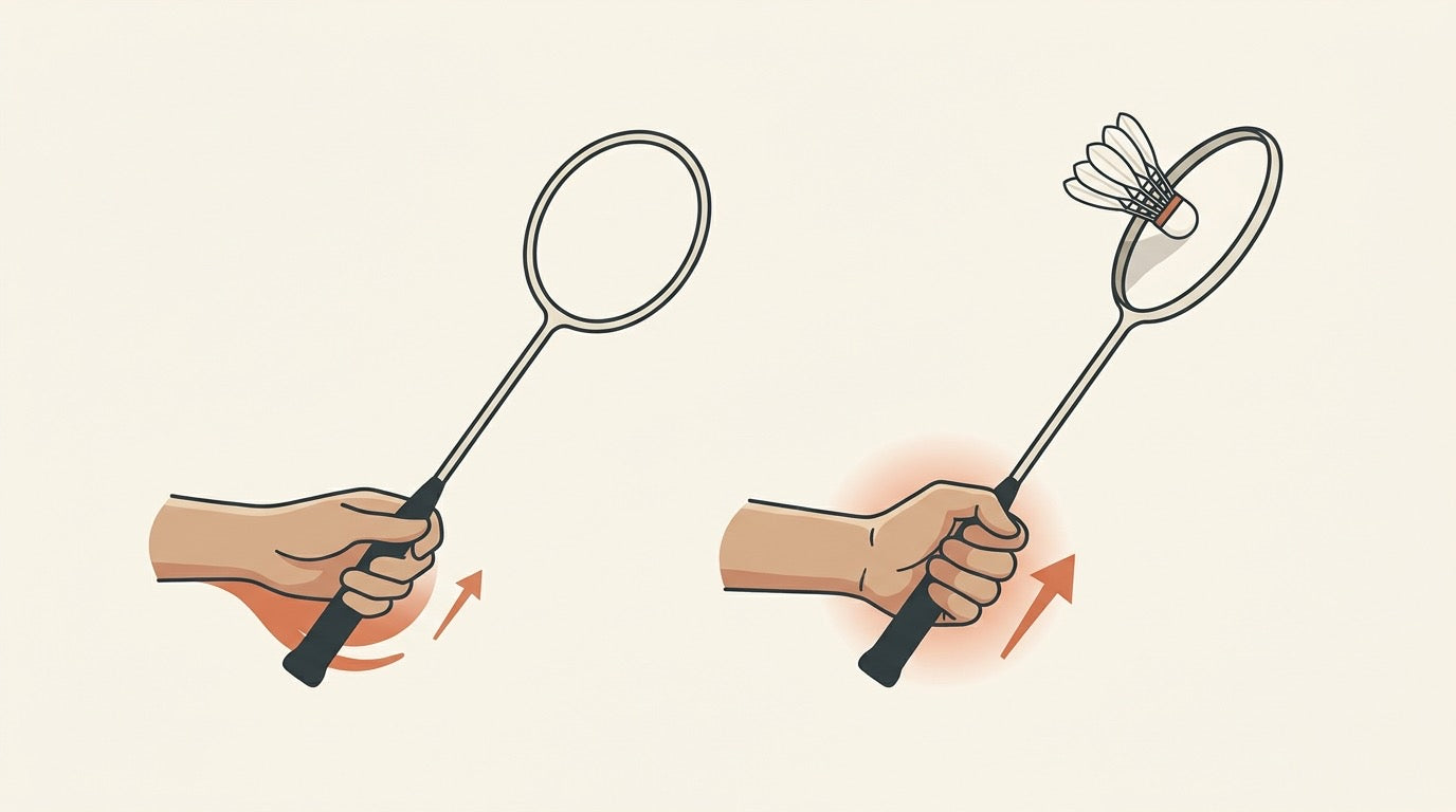 Illustration of a badminton player squeezing the racket grip at shuttle impact after a relaxed swing