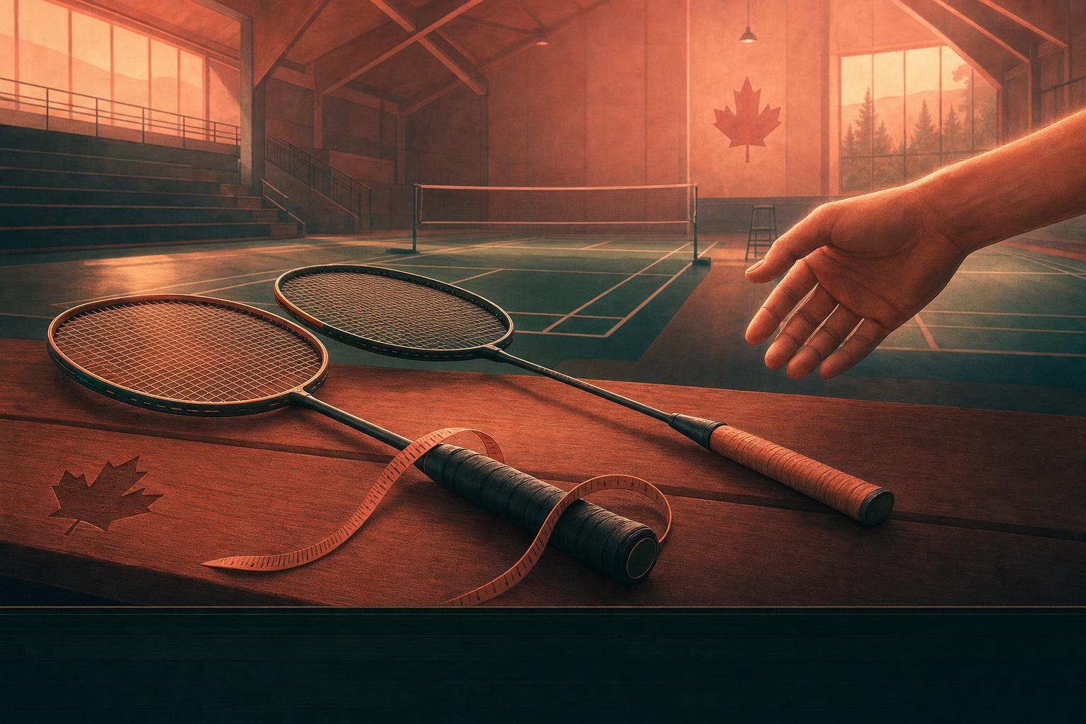 Illustrated badminton rackets with different grip sizes and a measuring tape on a Canadian indoor court