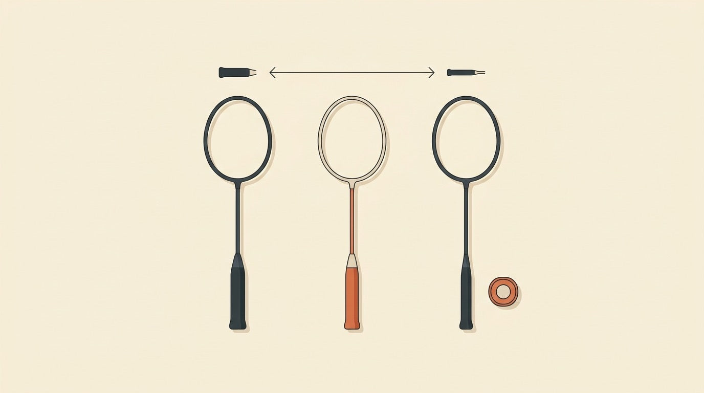 Illustrated badminton rackets with different grip sizes and a measuring tape on a Canadian indoor court