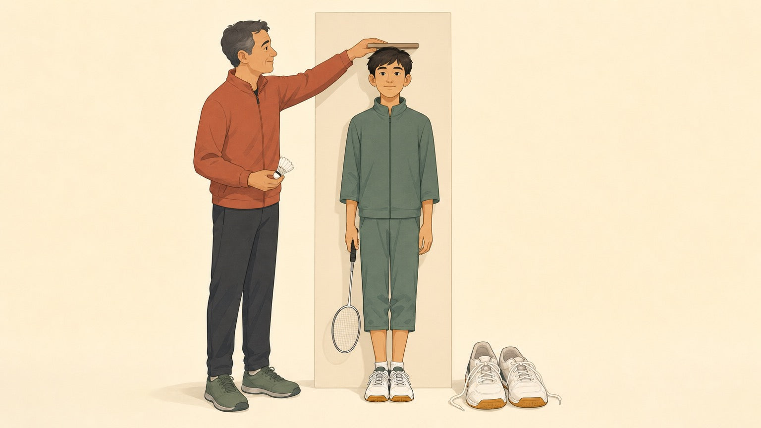 Flat vector illustration of a coach checking a tall teenage badminton player's standing height against a blank wall panel; the youngster holds one badminton racket and wears trousers grown too short, with outgrown shoes on the floor.