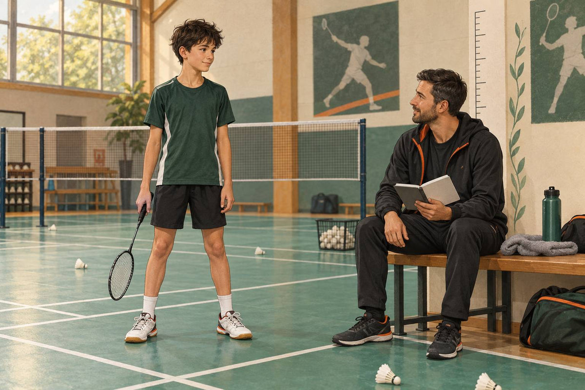 A junior and coach review the session calmly while movement and growth are changing.