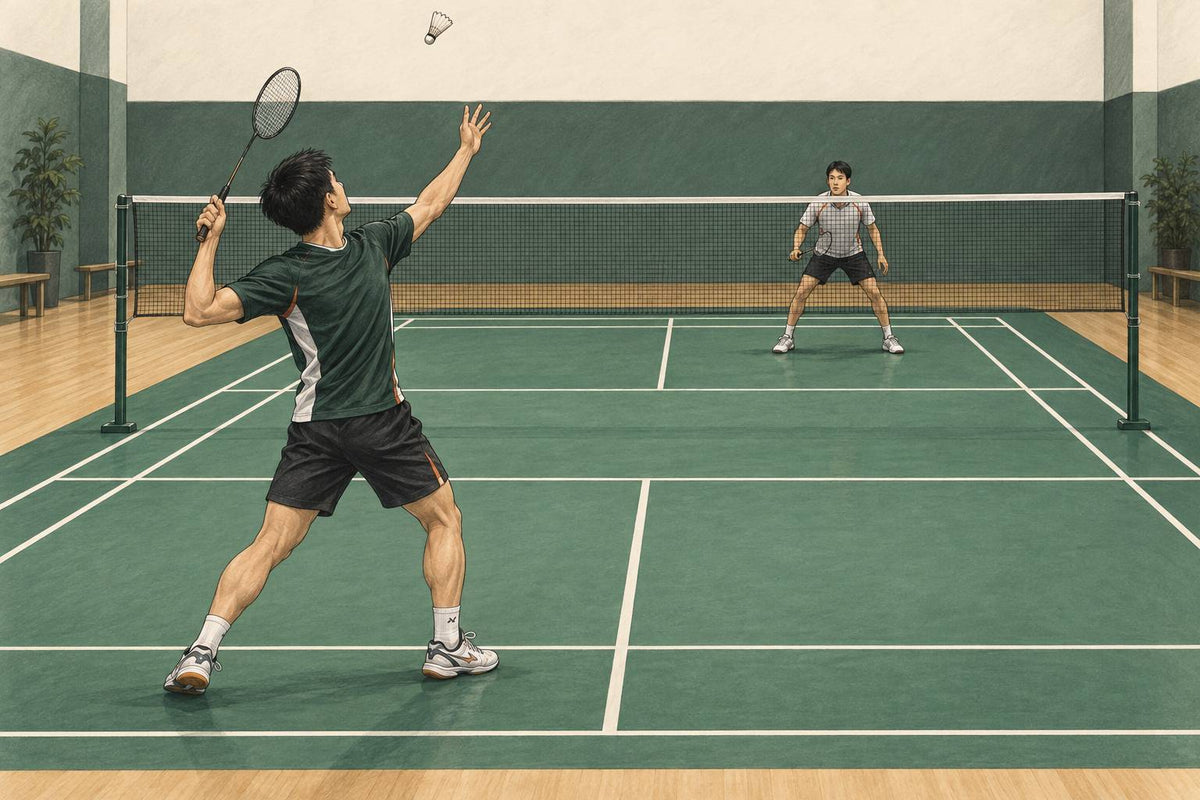 Editorial illustration of a balanced overhead preparation for a half smash.