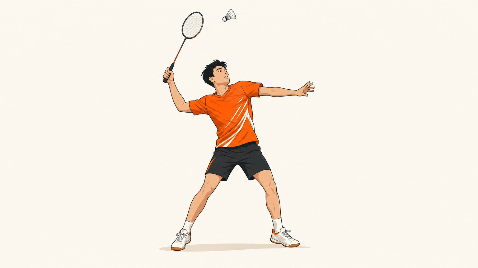 Balanced badminton player preparing a controlled overhead half smash with one racket and one shuttlecock