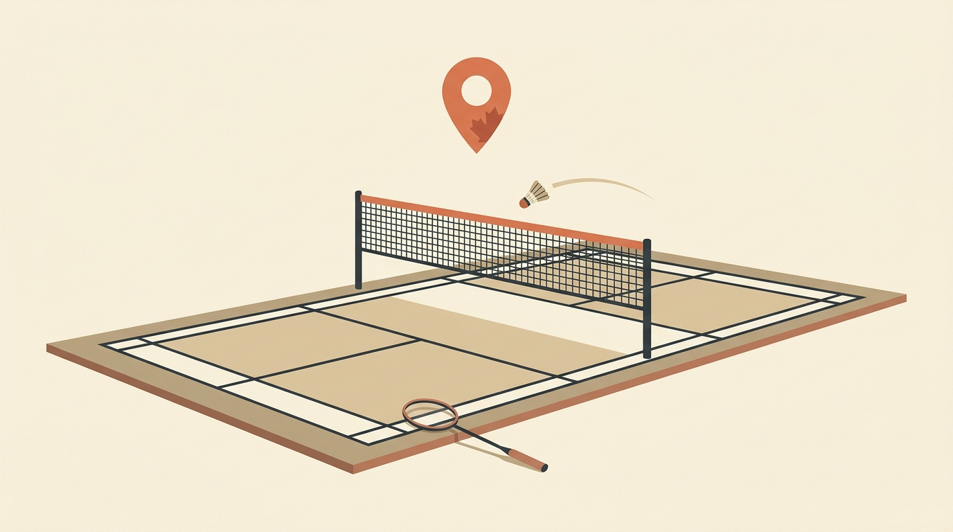 Badminton racket and shuttlecock on an indoor court with a subtle Halifax waterfront backdrop.