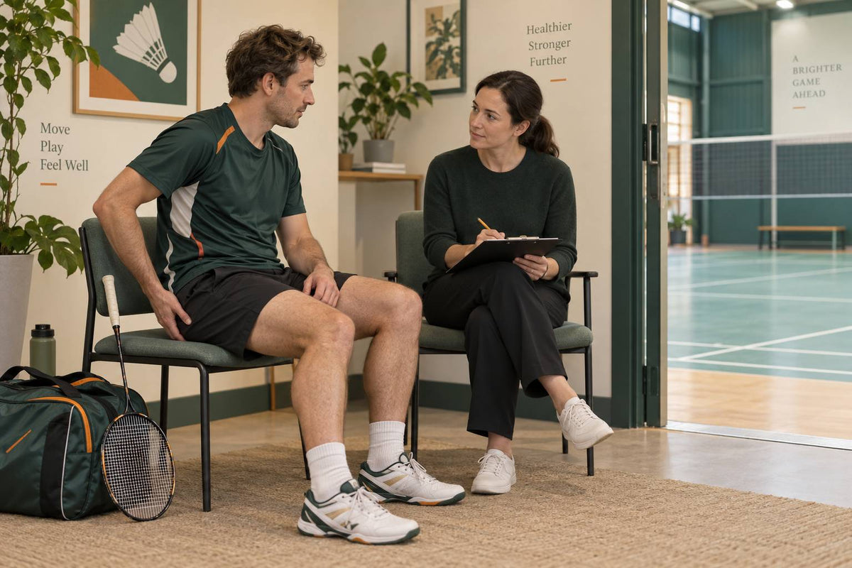 Une personne décrit ses symptômes à l’arrière de la cuisse à un professionnel de la santé avant de planifier son retour au badminton.