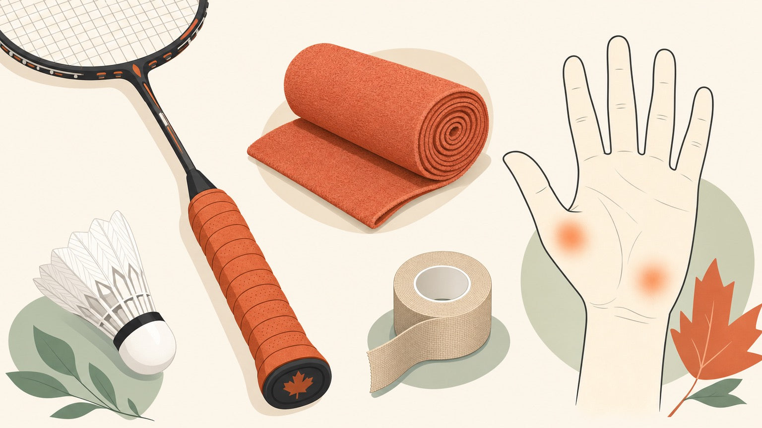 Badminton racket grip, towel grip, athletic tape, and highlighted hand hot spots for blister prevention