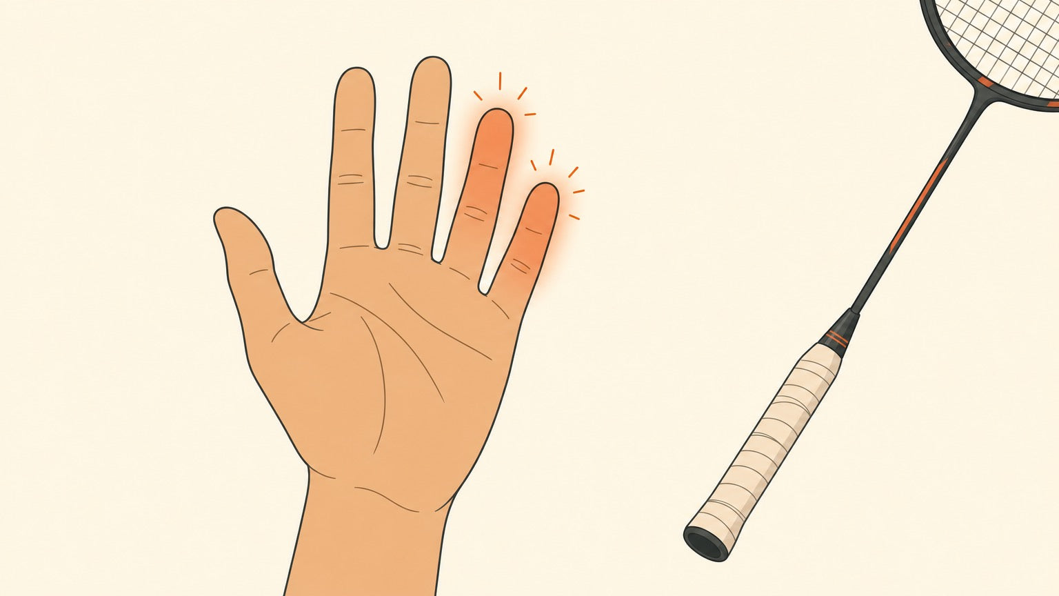 Flat vector illustration of an open hand with a soft orange tingling glow over the little and ring fingers, beside a badminton racket grip.
