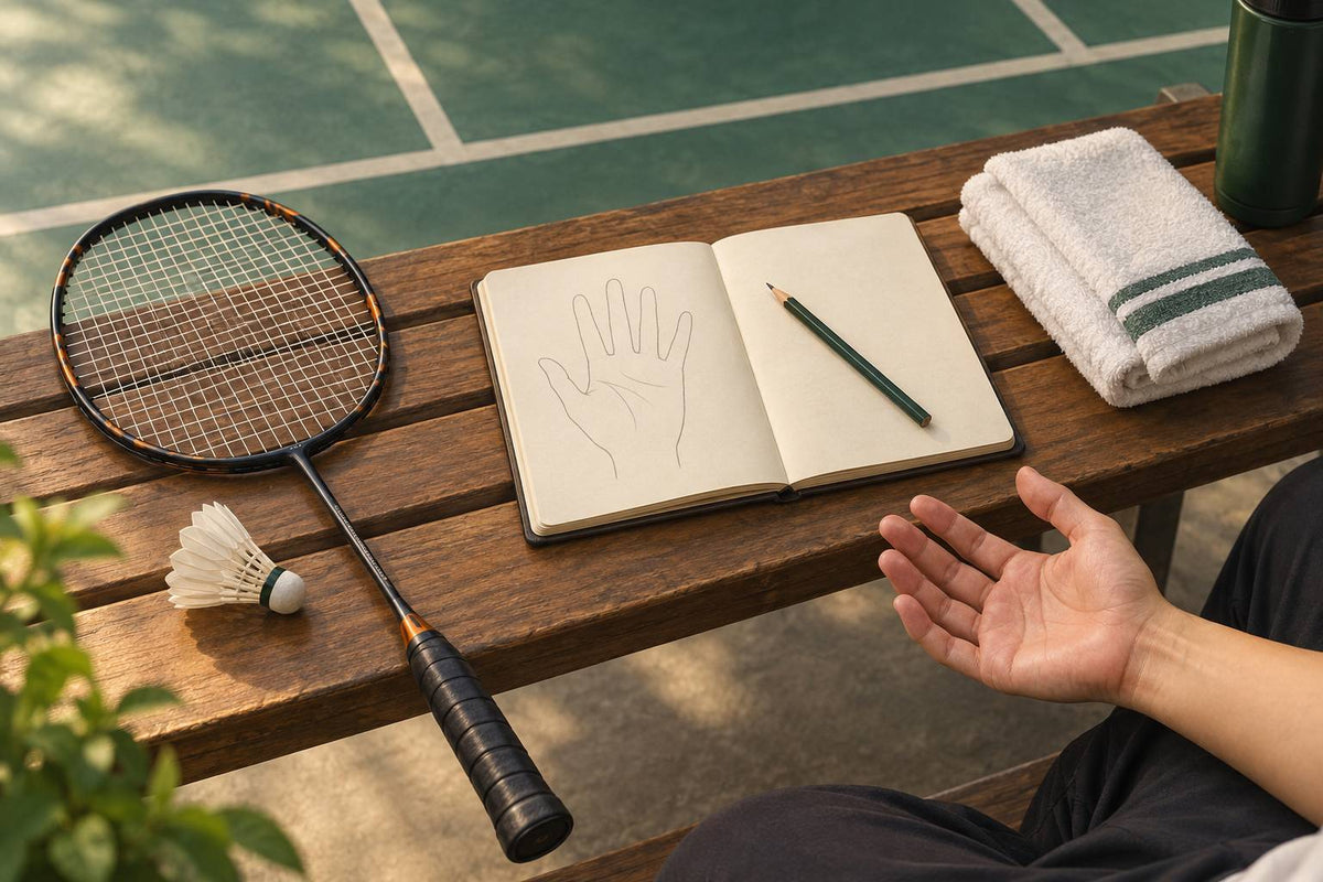A racket set aside beside a blank symptom note keeps hand numbness separate from a quick equipment diagnosis.