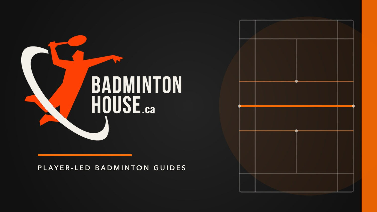 Couverture de marque Badminton House avec une silhouette de joueur orange et des lignes abstraites de terrain de badminton.