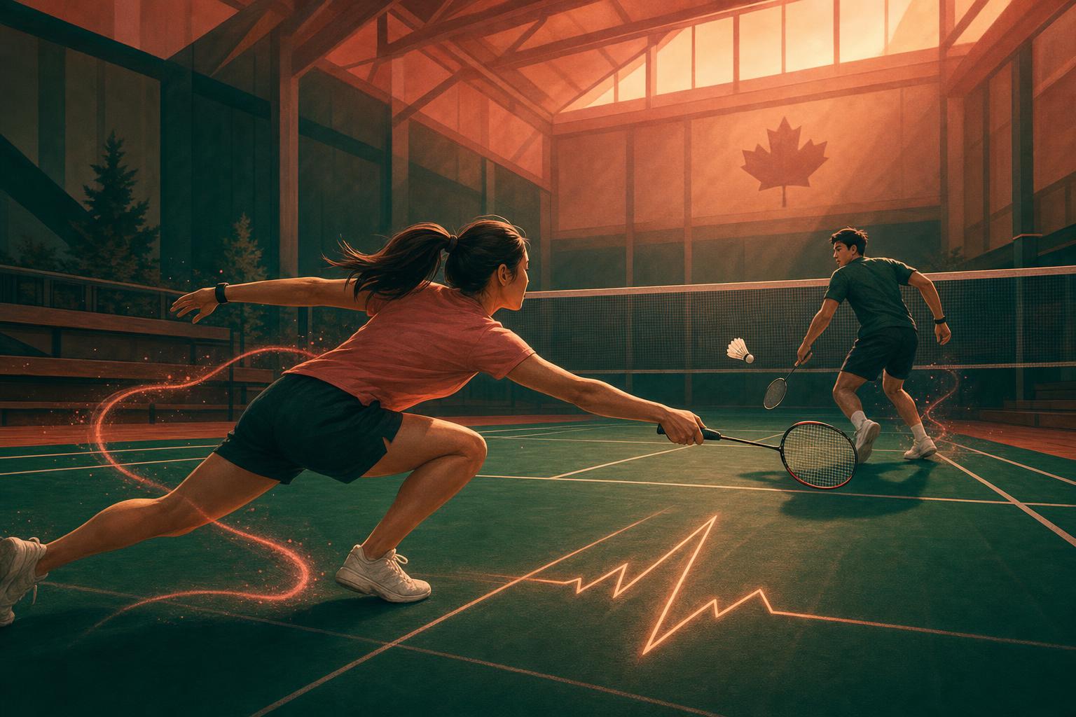 Illustration of two badminton players on an indoor court showing the fitness and calorie-burning benefits of badminton