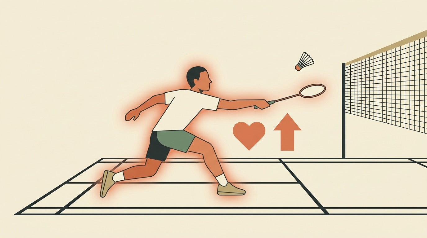 Illustration of a badminton player lunging to hit a shuttlecock on an indoor court, with heart and rising-arrow icons showing the fitness and calorie-burning benefits of badminton