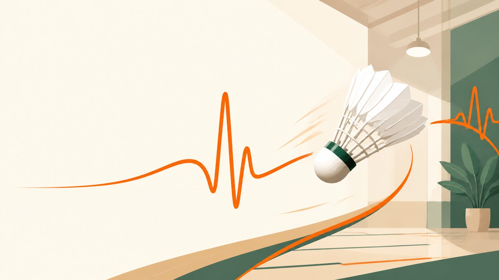 Illustration éditoriale d’un volant traversant un terrain de badminton intérieur à côté d’une ligne de battement de cœur orange