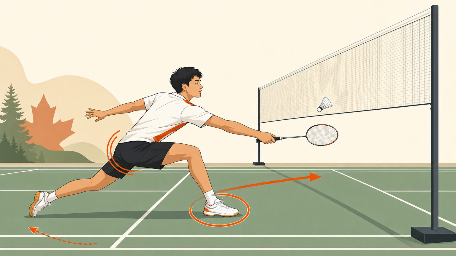 Badminton player in a deep lunge with hip and ankle mobility highlights