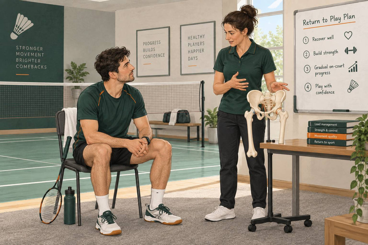 Groin symptoms need assessment and a gradual return to badminton movements.