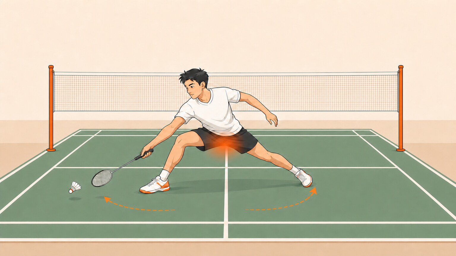 Badminton player lunging on court with inner thigh highlighted to show groin strain risk
