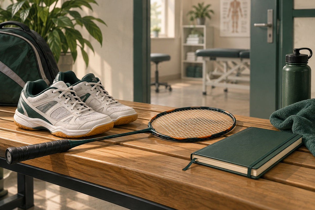 Editorial illustration of badminton equipment and a symptom diary for a clinical discussion.