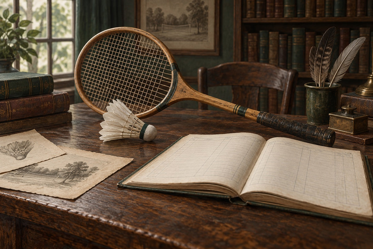 A wooden racket, feather shuttle and archival papers illustrate the separate strands of badminton’s early history.