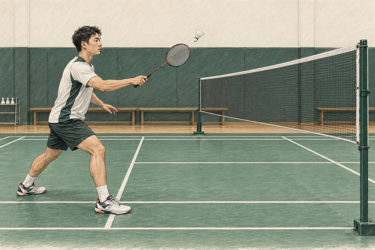Editorial illustration of a badminton hold-shot preparation before the shuttle is struck.