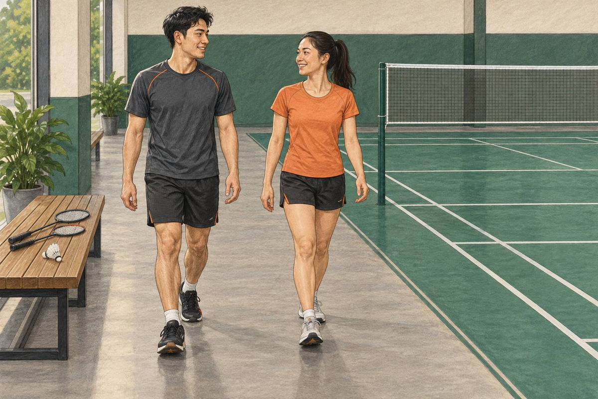 Editorial illustration of two badminton partners walking easily beside an empty court at the start of warm-up.