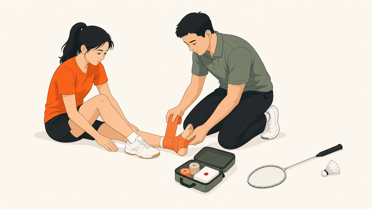 Flat vector illustration of a seated badminton player having an ankle bandaged by a kneeling physiotherapist, with a first-aid kit, gauze pad, badminton racket and shuttlecock on the floor nearby.