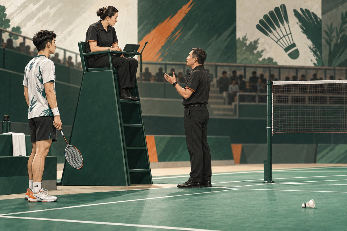 An umpire and referee manage a paused match while the player waits courtside.