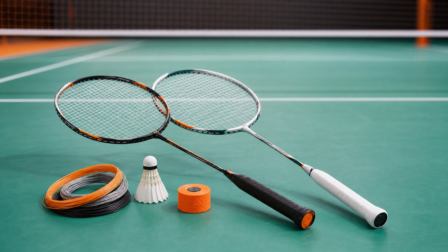Intermediate badminton rackets and a shuttlecock arranged on a clean indoor court.