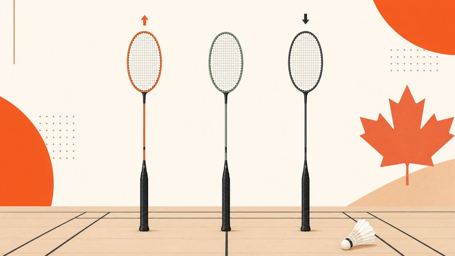 Intermediate badminton rackets and a shuttlecock arranged on a clean indoor court.