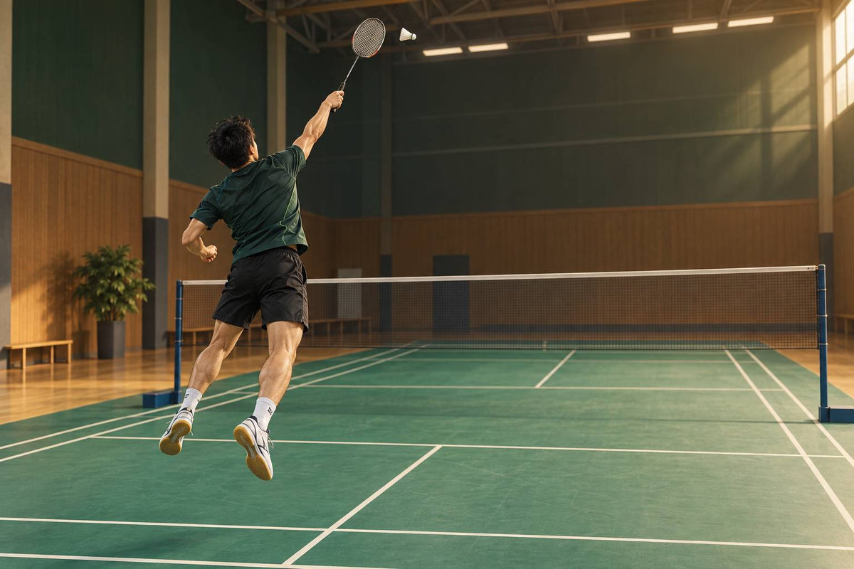 A controlled jump-smash contact stays high and slightly in front while the player prepares to land and recover.