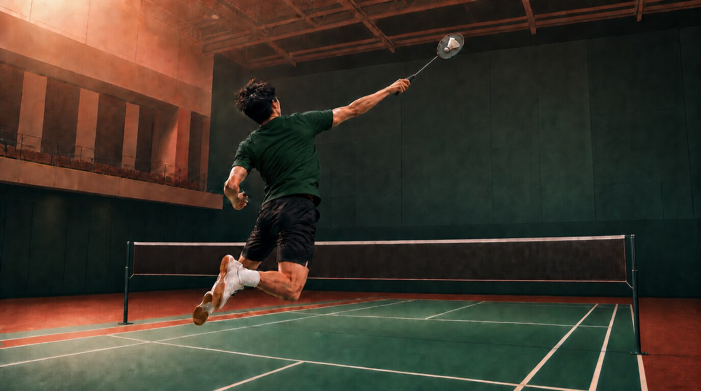 Illustration of a badminton player hitting a jump smash from the rear court at peak height