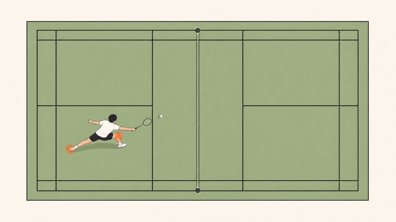 Junior badminton player lunging on court with the knee and heel highlighted to mark growth-plate injury areas
