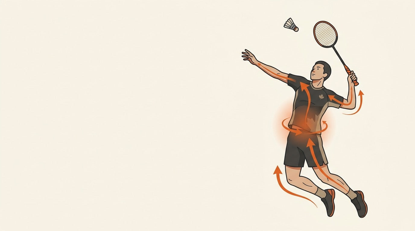 Illustration of a badminton player using a whip-like kinetic chain from legs through trunk and arm into the racket.