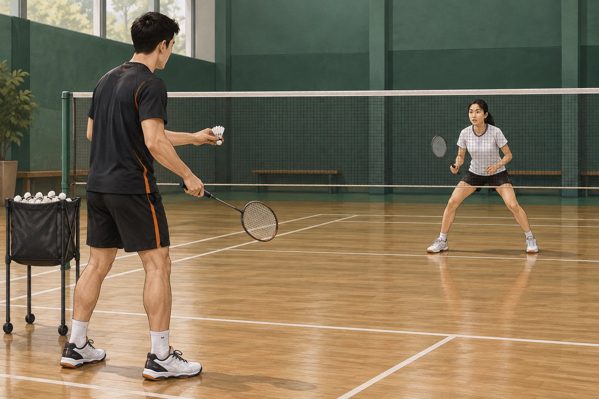 A feeder and player prepare a repeatable shuttle-feeding drill with equipment kept out of the playing lane.