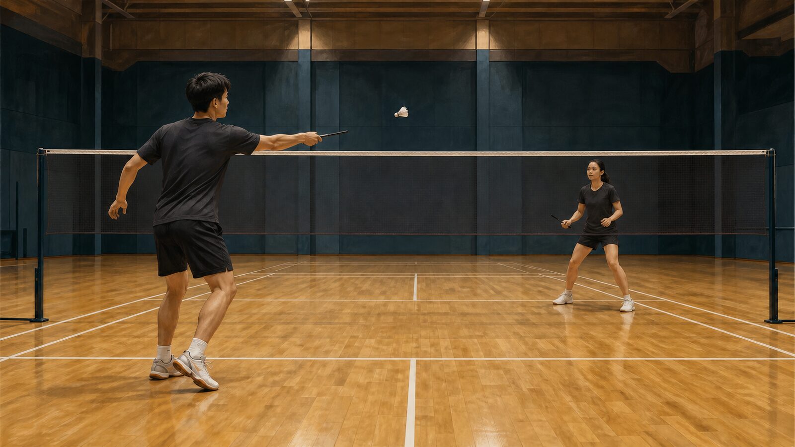 Deux adultes échangent un volant au-dessus d’un filet de badminton intérieur réglementaire pendant une frappe d’échauffement calme avant un match