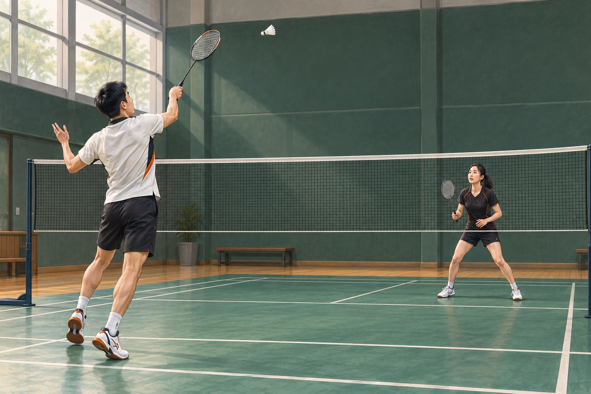 Two opponents exchange cooperative shots while preparing for the start of a match.