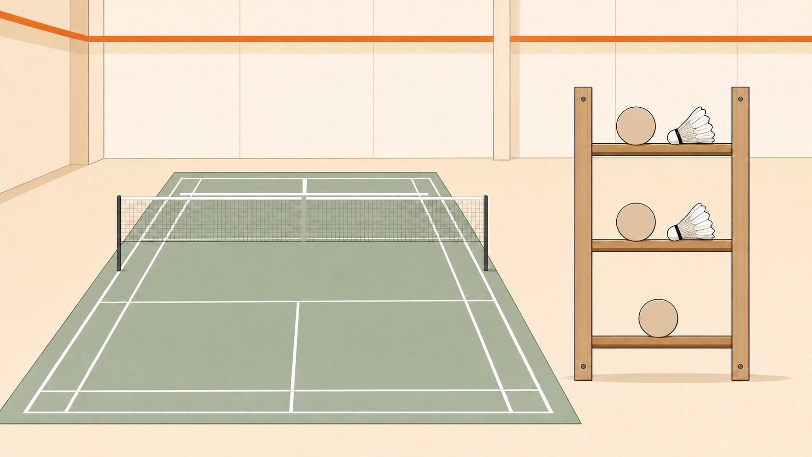 Terrain de badminton intérieur à côté d’une échelle de classement non étiquetée à trois barreaux, avec des jetons de joueurs et des volants