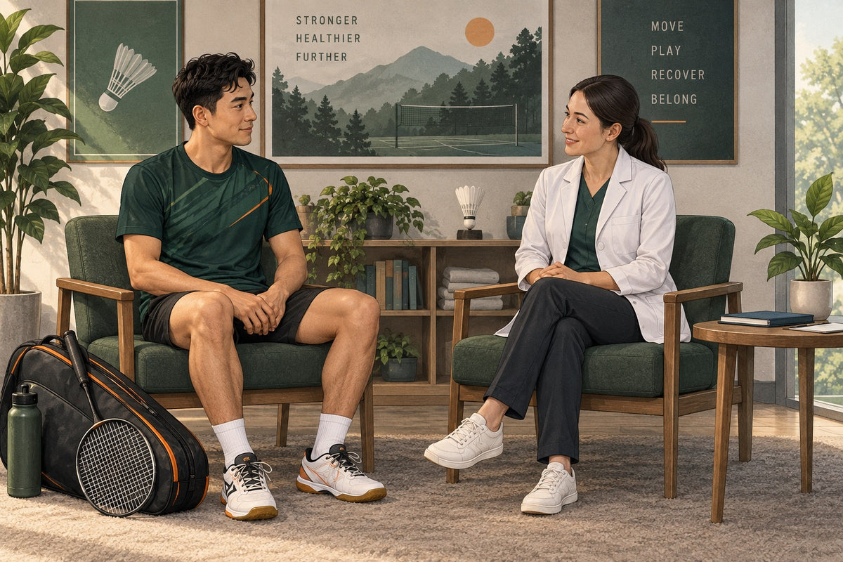 A player discusses knee symptoms with a clinician.