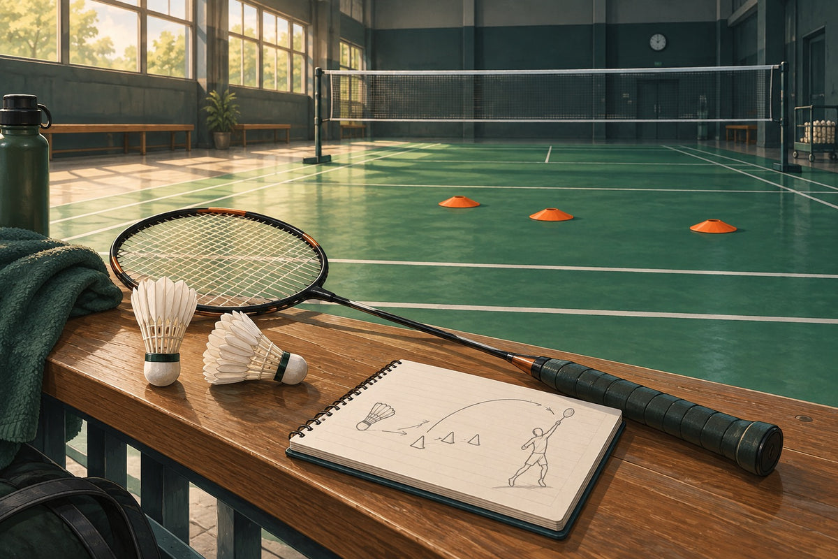 A racket, shuttles and simple court targets introduce a gradual badminton learning progression.