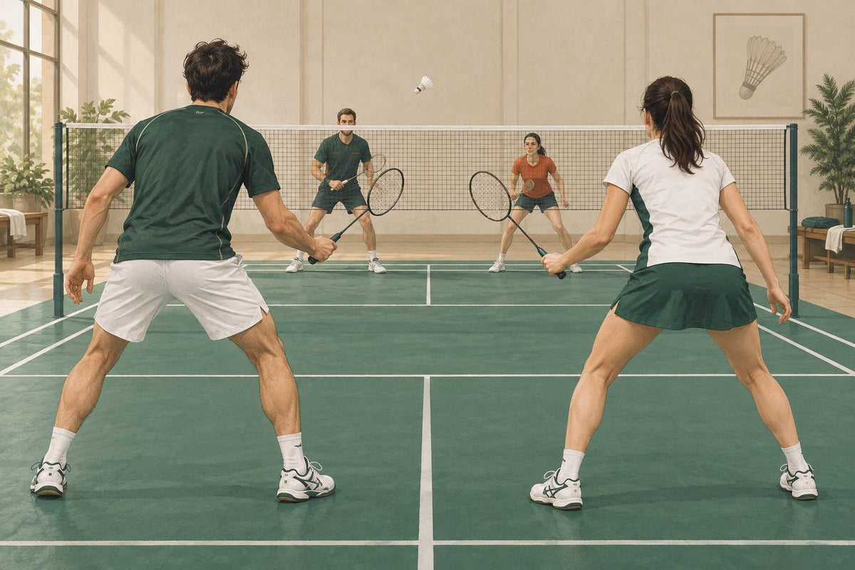 A left-right pair can bring both forehands toward the middle while assigning one player to each shared shuttle.