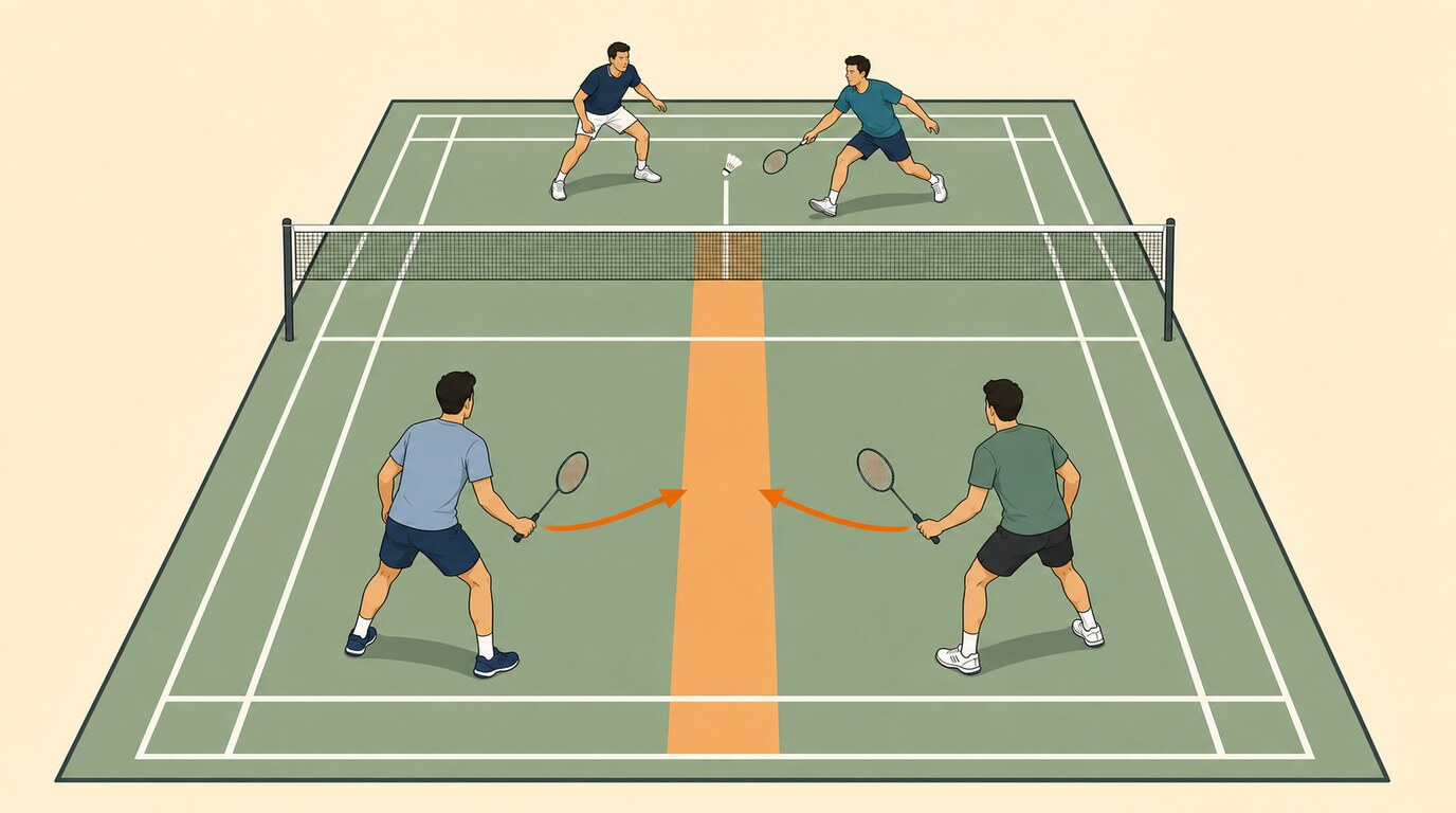 Left and right handed badminton doubles pair defending side by side with both forehands covering the middle