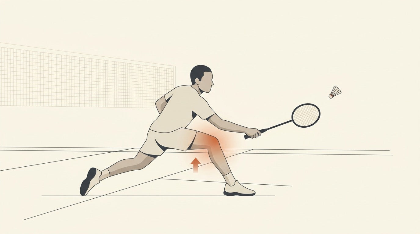 Illustration of a badminton player holding a stable lunge on an indoor Canadian court