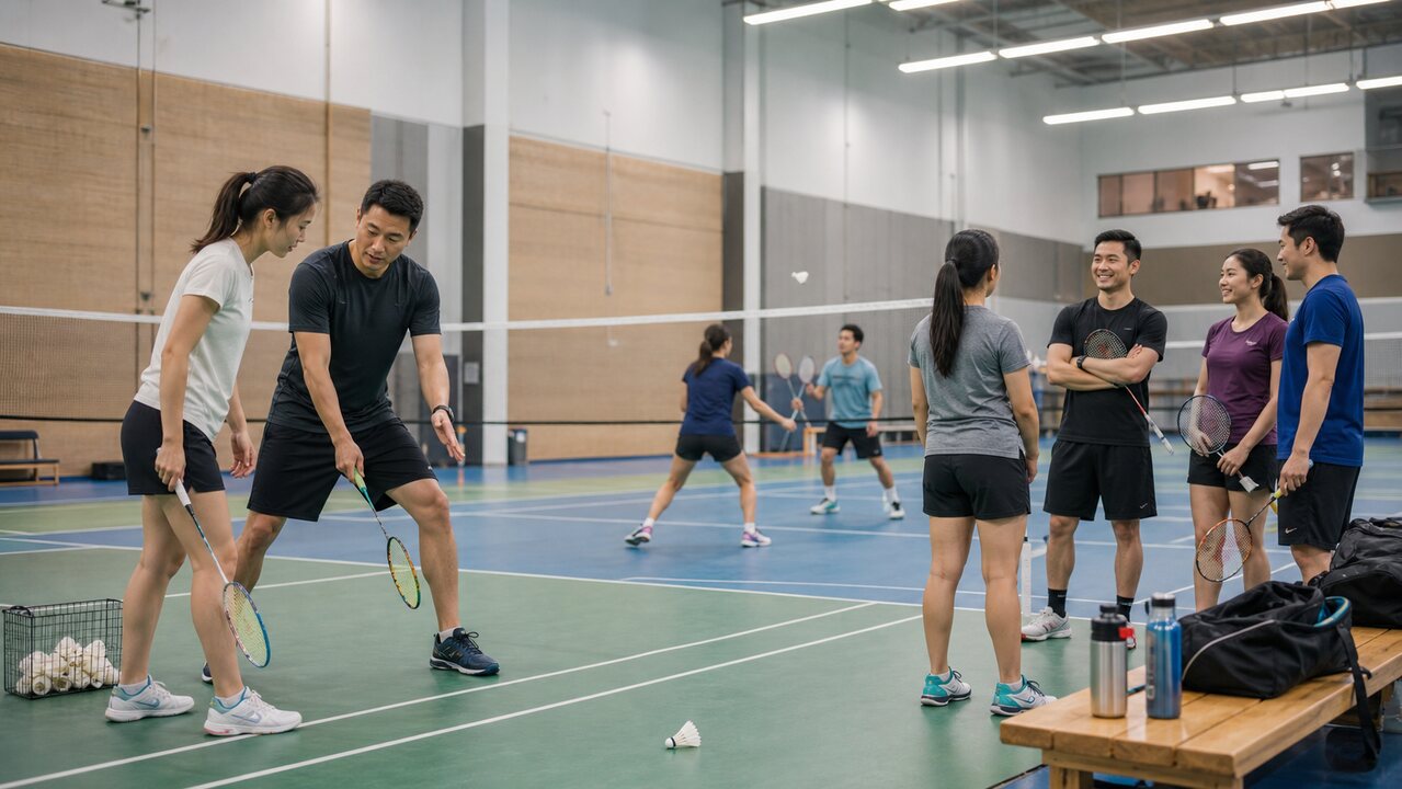 Beginner badminton players choosing between coaching, drop-in play, and doubles league on indoor courts.