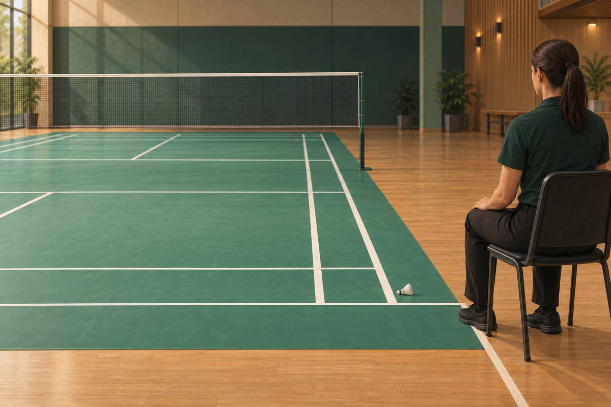 A seated line judge follows an assigned badminton line before deciding on the shuttle’s landing.