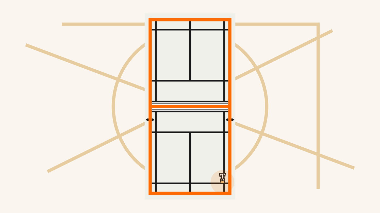 Terrain de badminton étroit mis en évidence en orange parmi de faibles marquages de gymnase intérieur, avec le bouchon d’un volant touchant la limite arrière.